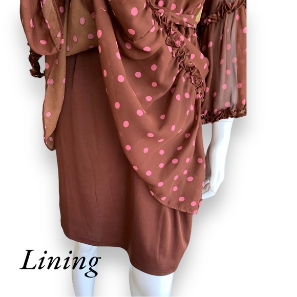 MAISON TARA CHIFFON BROWN WITH PINK POLKA DOT SHIRTWAIST DRESS. WOMEN’S SIZE 12 - Picture 10 of 13